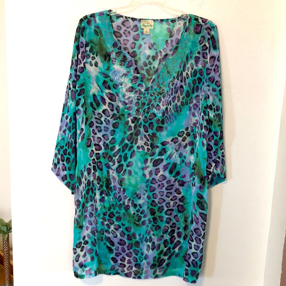 SWIMSUIT COVERUP🏝SHEER ANIMAL PRINT W/RHINESTONE COLLAR SIZE XL EXCELLENT COND